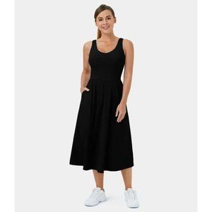Halara Cloudful Air V Neck Side Pocket Midi Cool Touch Casual Dress Black S
